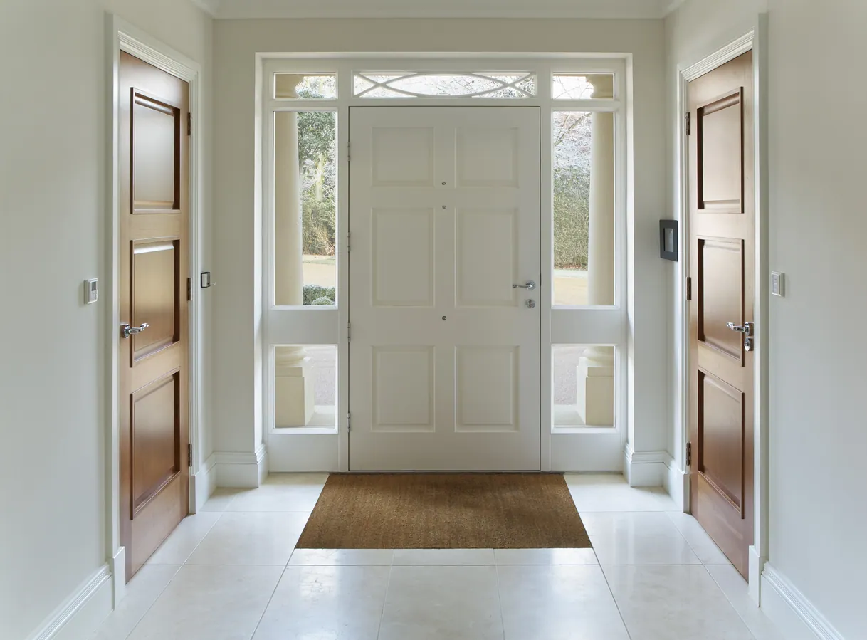 Couloir lumineux avec porte d'entrée blanche, deux portes latérales en bois.