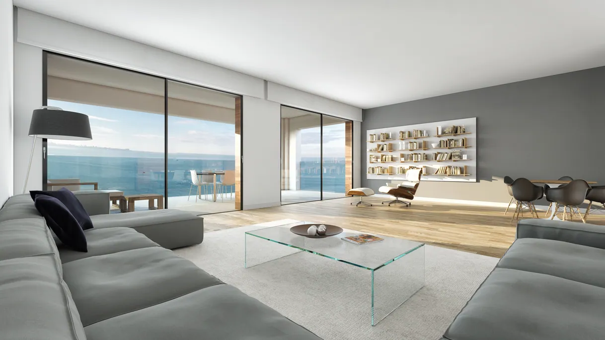 Grand salon contemporain gris avec vue imprenable sur l'océan.