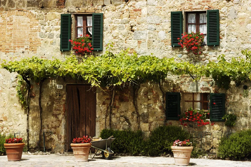 Maison en pierre rustique, volets verts, jardinières rouges fleuries, vignes.