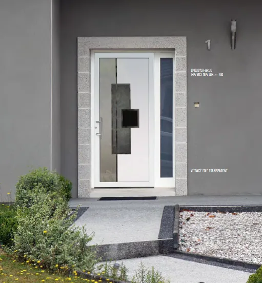 Porte d'entrée moderne blanche, textes 'PORTE D'ENTRÉE MODERNE', 'PORTE EN BOIS MASSIF'.
