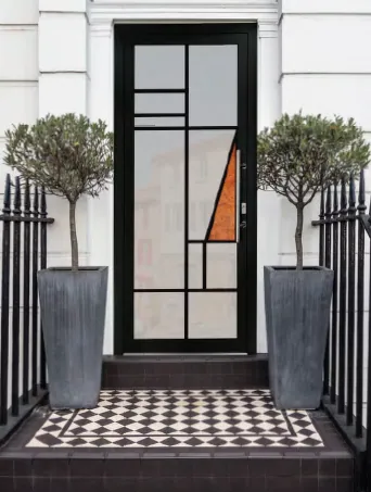 Porte d'entrée noire moderne, motifs géométriques, deux oliviers en pots, tapis.