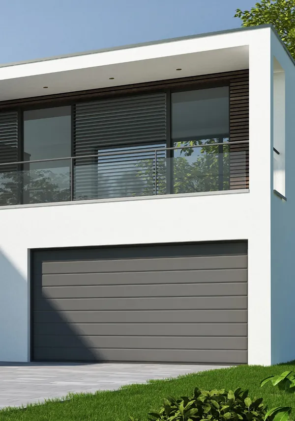 Maison moderne blanche, garage gris, grandes baies vitrées, design contemporain