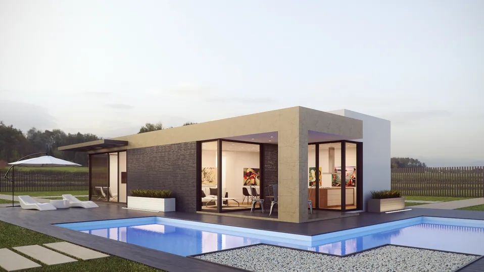 Villa moderne avec piscine extérieure, grandes fenêtres coulissantes, architecture élégante.